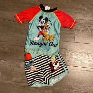 2 Piece Set - Mickey Mouse and Pluto Boy Swim Trunks and Rash guard